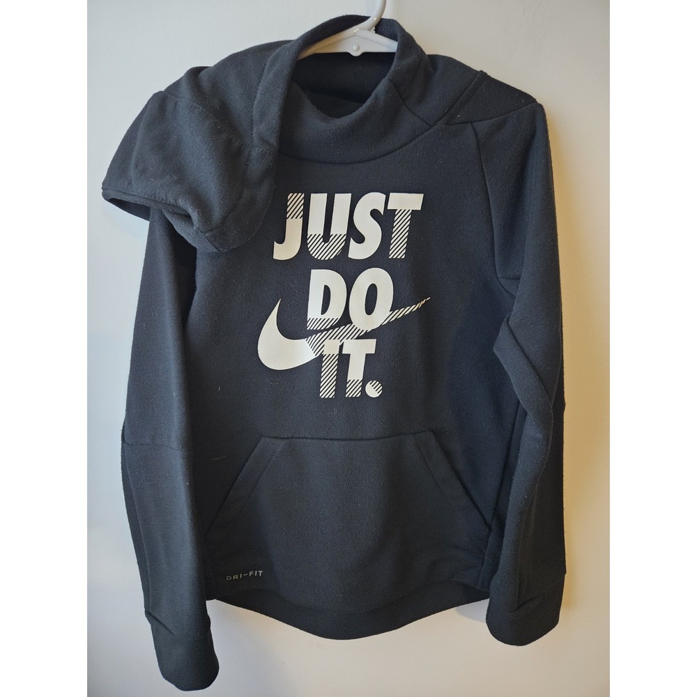 Nike Youth Sweatshirt Black L (7) Hoodie Swoosh Logo Kangaroo‎ Pocket Dri Fit
